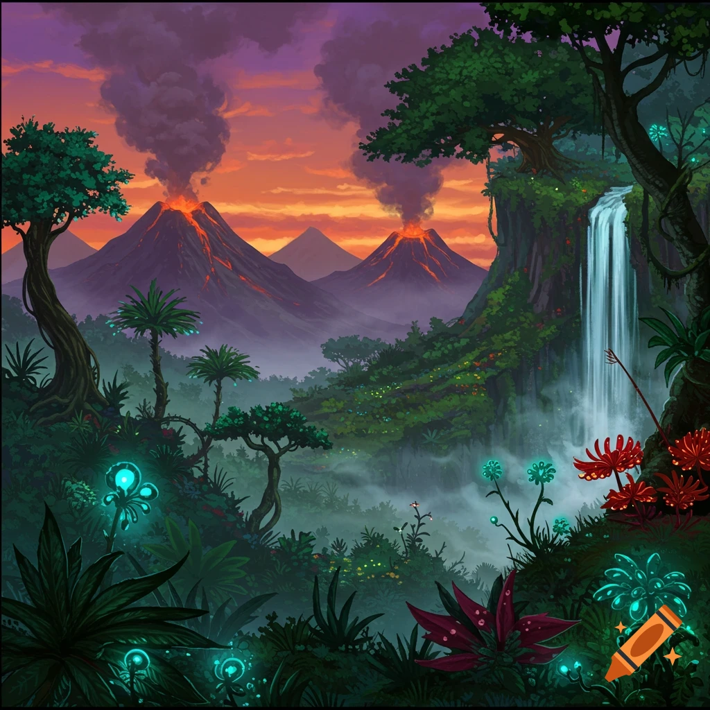 A fantasy landscape with erupting volcanoes, a waterfall, and glowing plants.