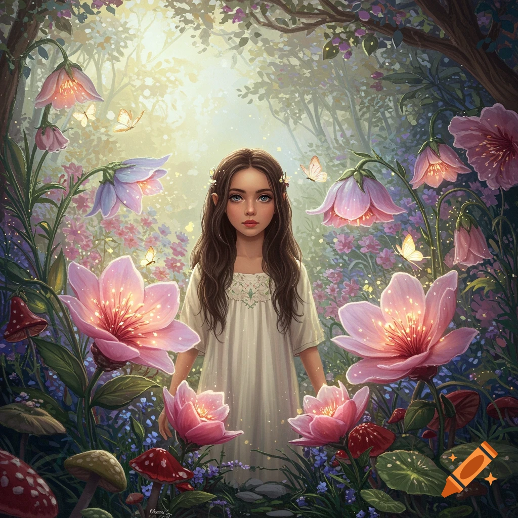 A young girl stands in a vibrant, magical fairy garden with glowing flowers and butterflies.