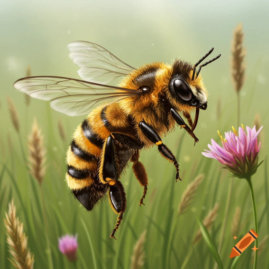 A bee flying towards a pink flower in a grassy field.