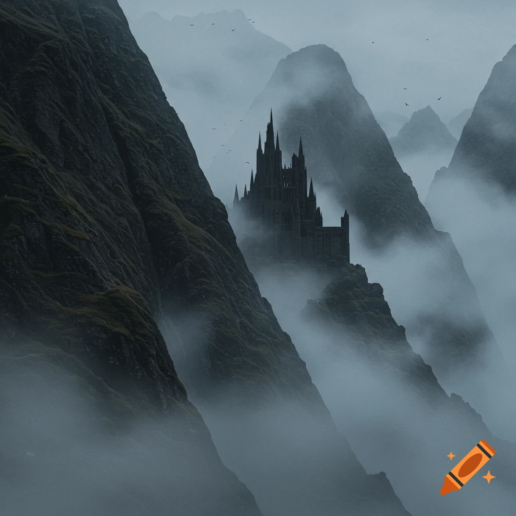 A dark castle on a mountain peak in misty mountains
