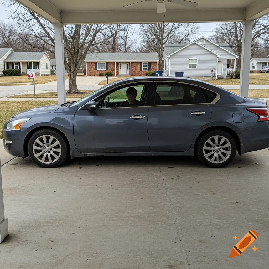 Side view of a grey sedan parked under a covered porch in a suburban neighborhood with a person inside.