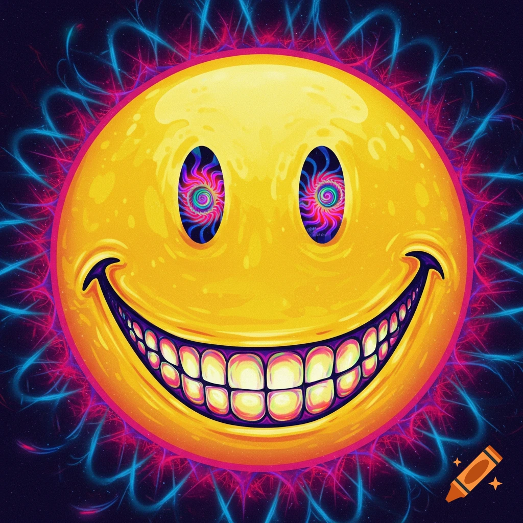 A psychedelic smiley face with swirling eyes.
