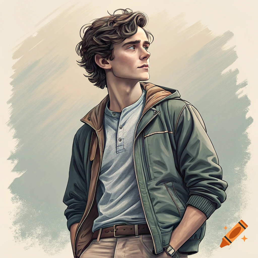 Illustration of a young man in a green jacket looking up and to the right.