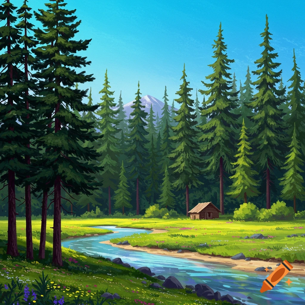 A forest landscape with a river, trees, a mountain, and a small cabin.
