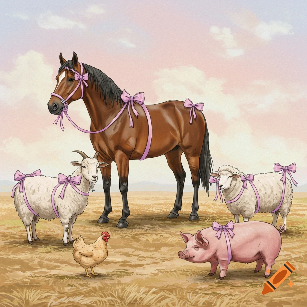 A horse, goat, sheep, pig, and chicken in a field, all adorned with pink bows