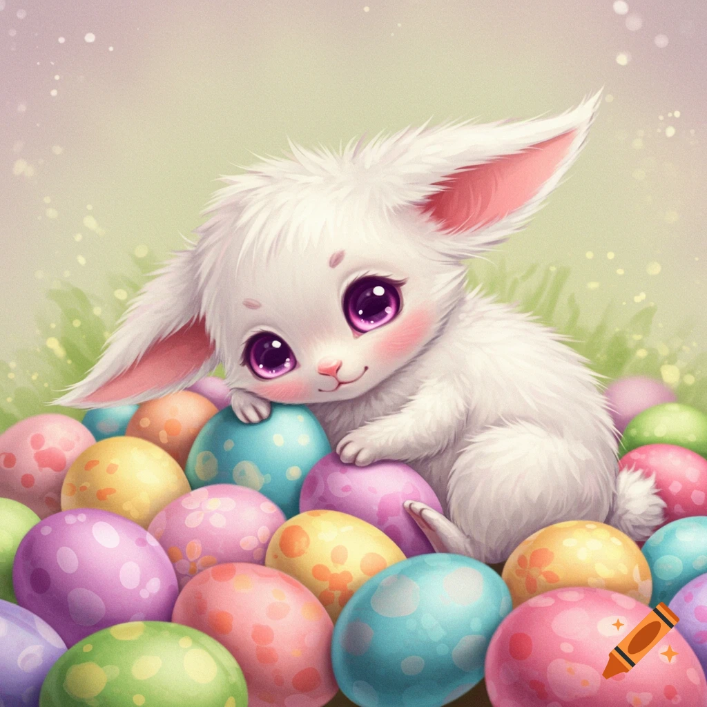 Cute white fluffy bunny nestled among colorful Easter eggs in a whimsical illustration.
