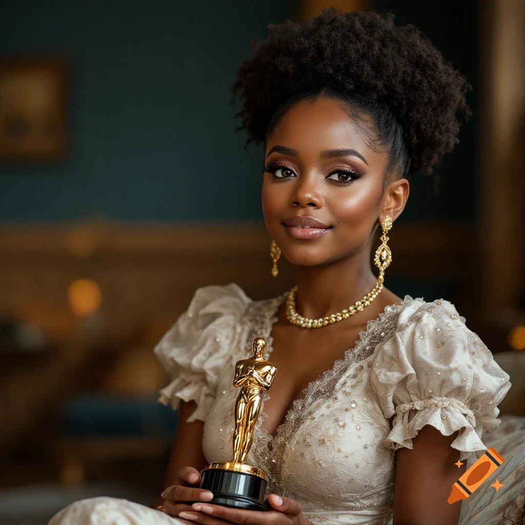 A woman in a formal dress holds a gold award statuette.