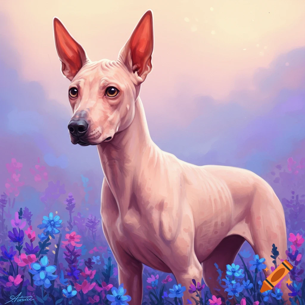 A hairless dog stands in a field of purple and blue flowers under a cloudy sky.