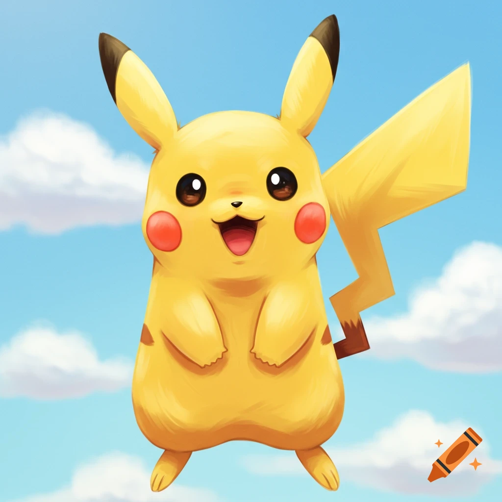 Pikachu with his mouth open, flying in a blue sky with white clouds.