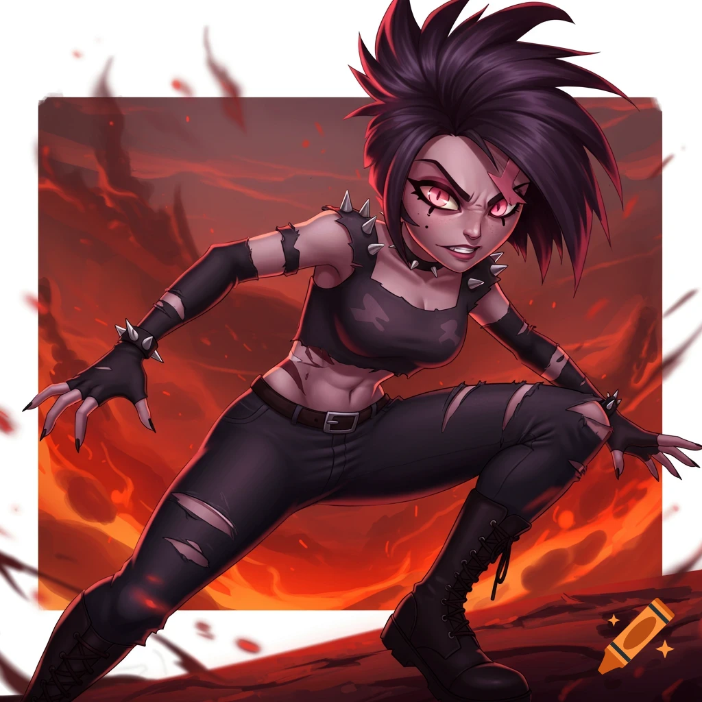 Stylized illustration of a character with spiky dark hair, red eyes, and a punk outfit (ripped top, ripped pants, boots, spikes) in a crouching pose against a fiery background.