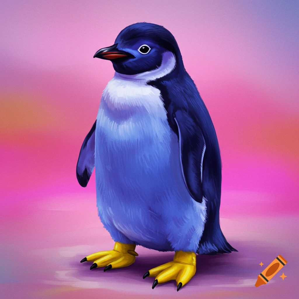 A blue penguin with yellow feet stands on a pink and purple background.