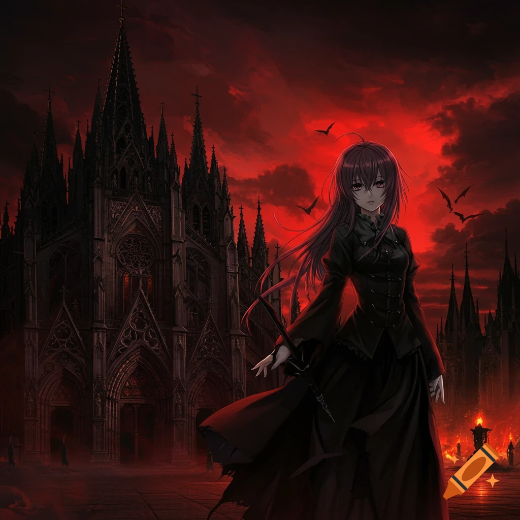Anime girl stands before a dark gothic cathedral under a red sky with bats.