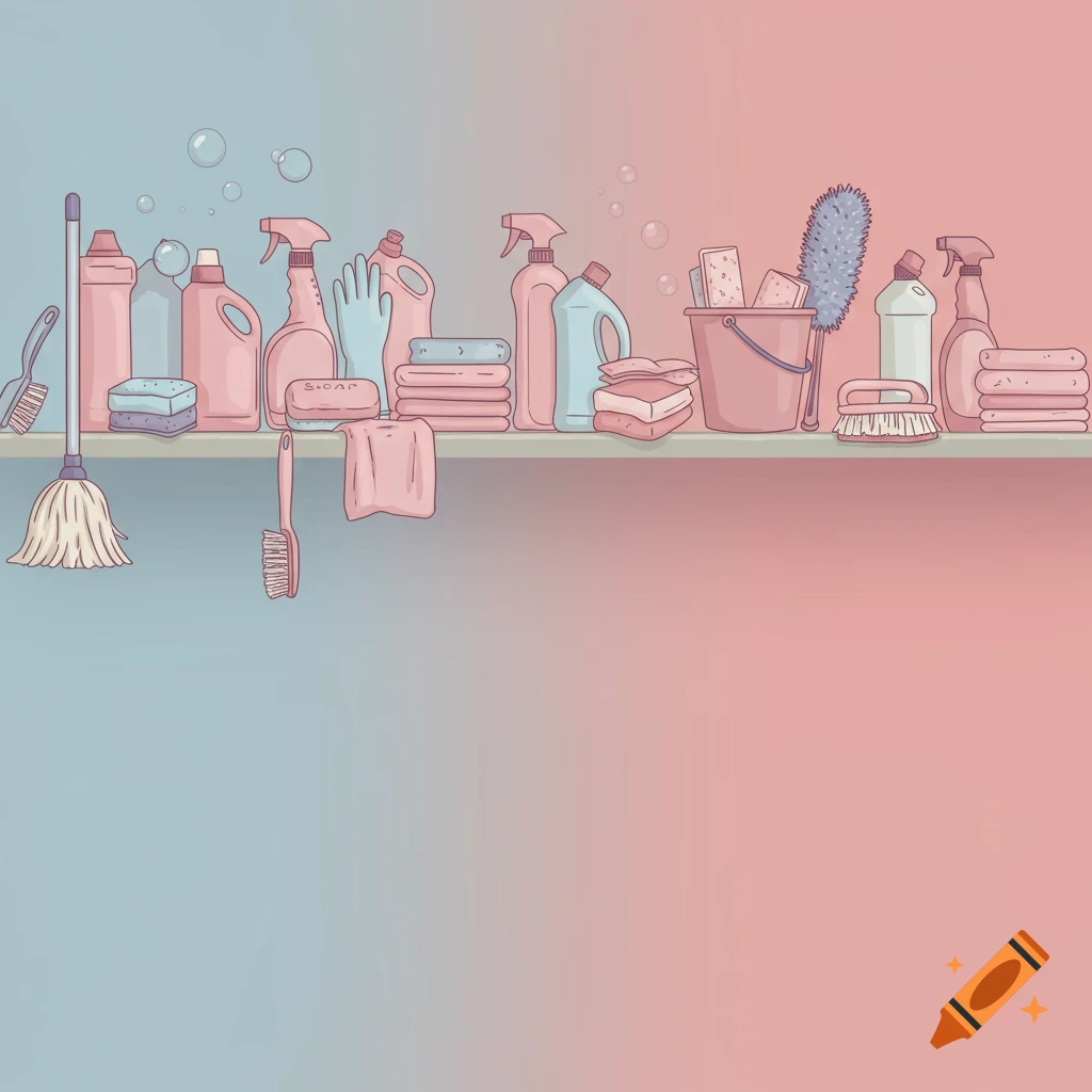 Pastel illustration of cleaning supplies on a shelf, including bottles, sponges, and brushes.
