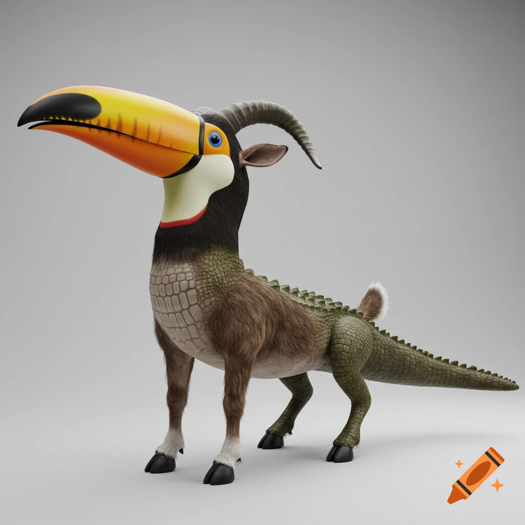 A fictional creature with a toucan head, goat horns and legs, and a body blending fur and scales in a 3D render.