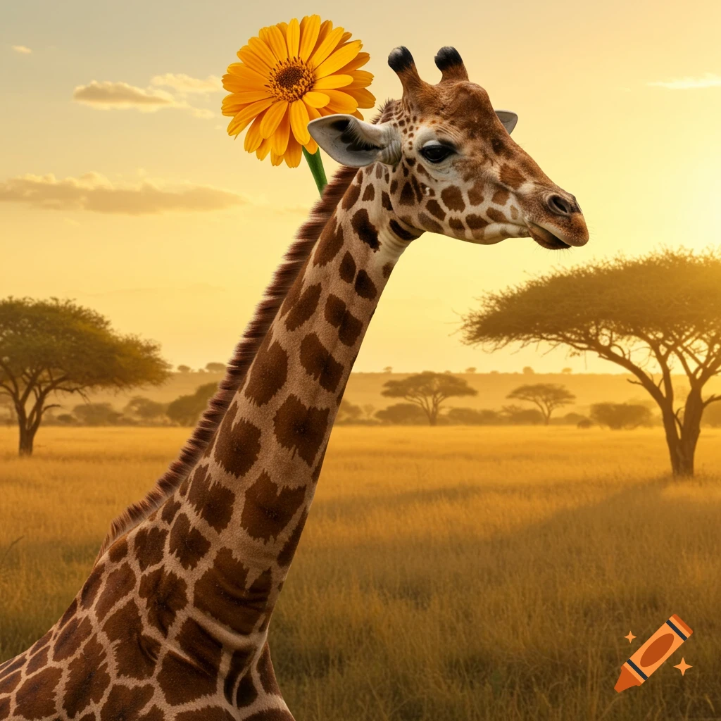 A giraffe with a large yellow flower on its head stands in a savanna at sunset.