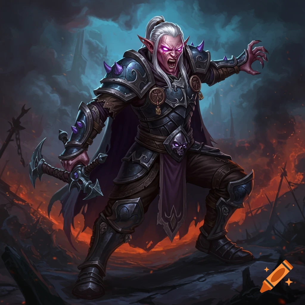 Fantasy warrior with glowing eyes and dark armor holds a sword in a ruined, fiery landscape.