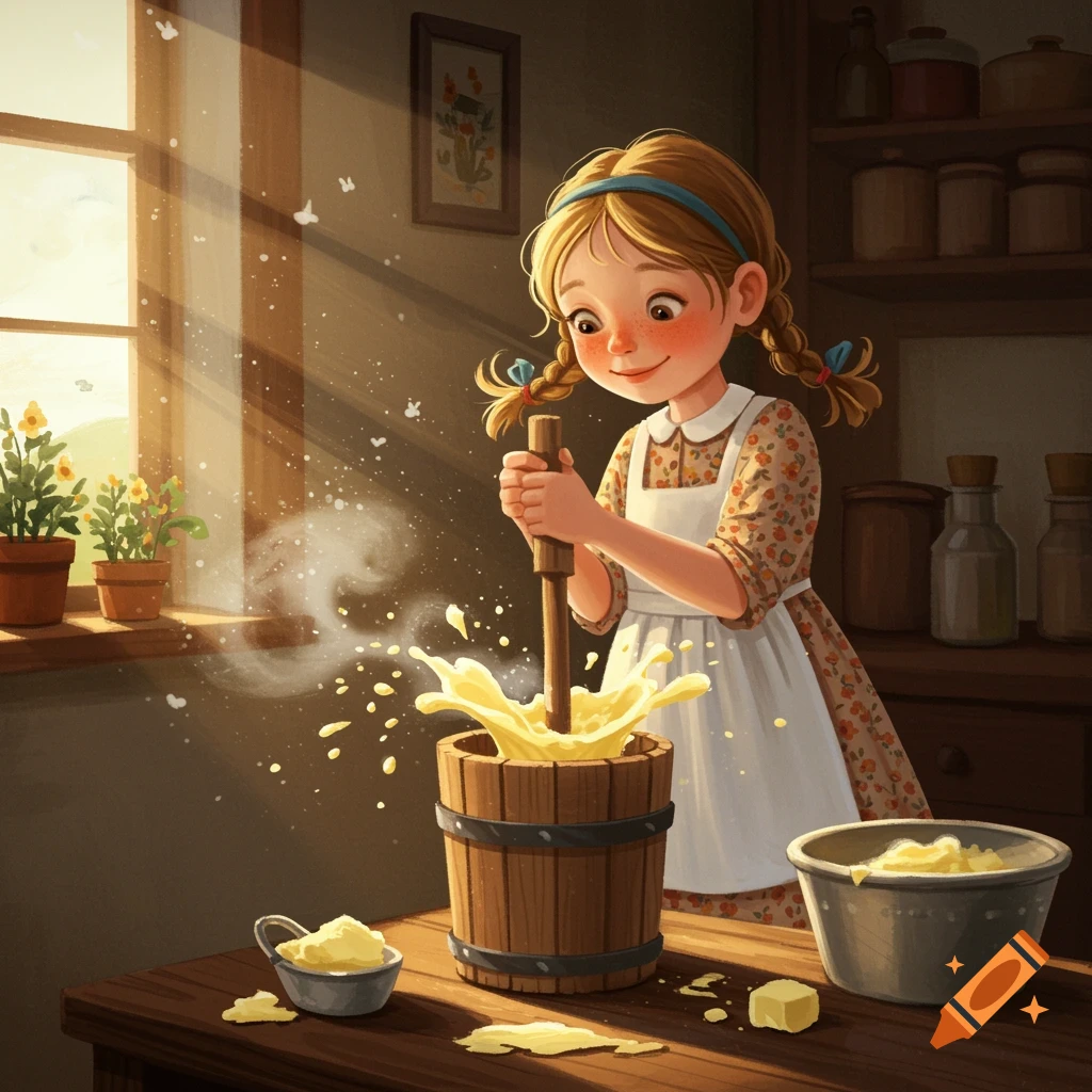 Whimsical painting of a young girl churning butter in a sunny farmhouse kitchen.