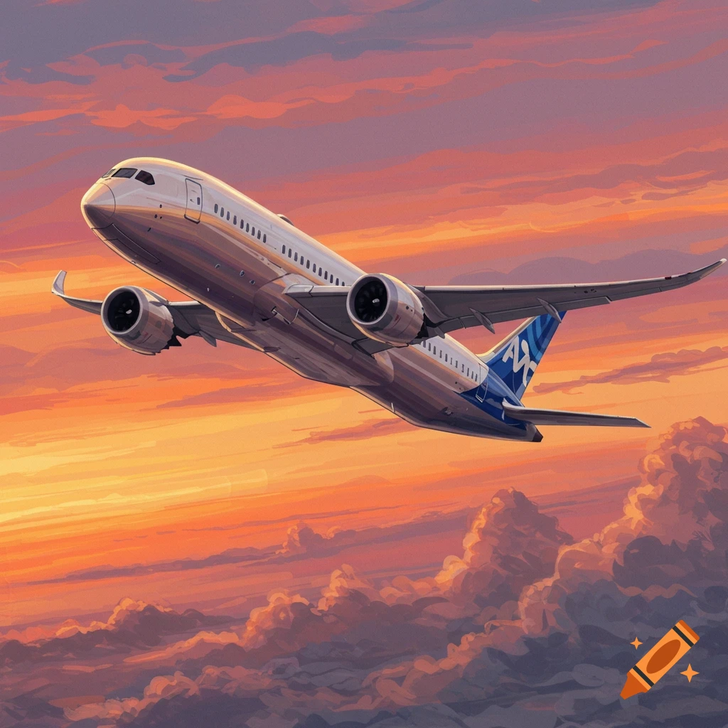 A jet airplane flying through a colorful sunset sky.