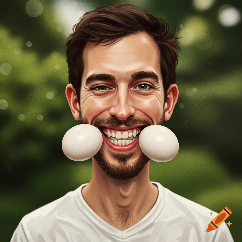 A smiling man with two eggs in his mouth