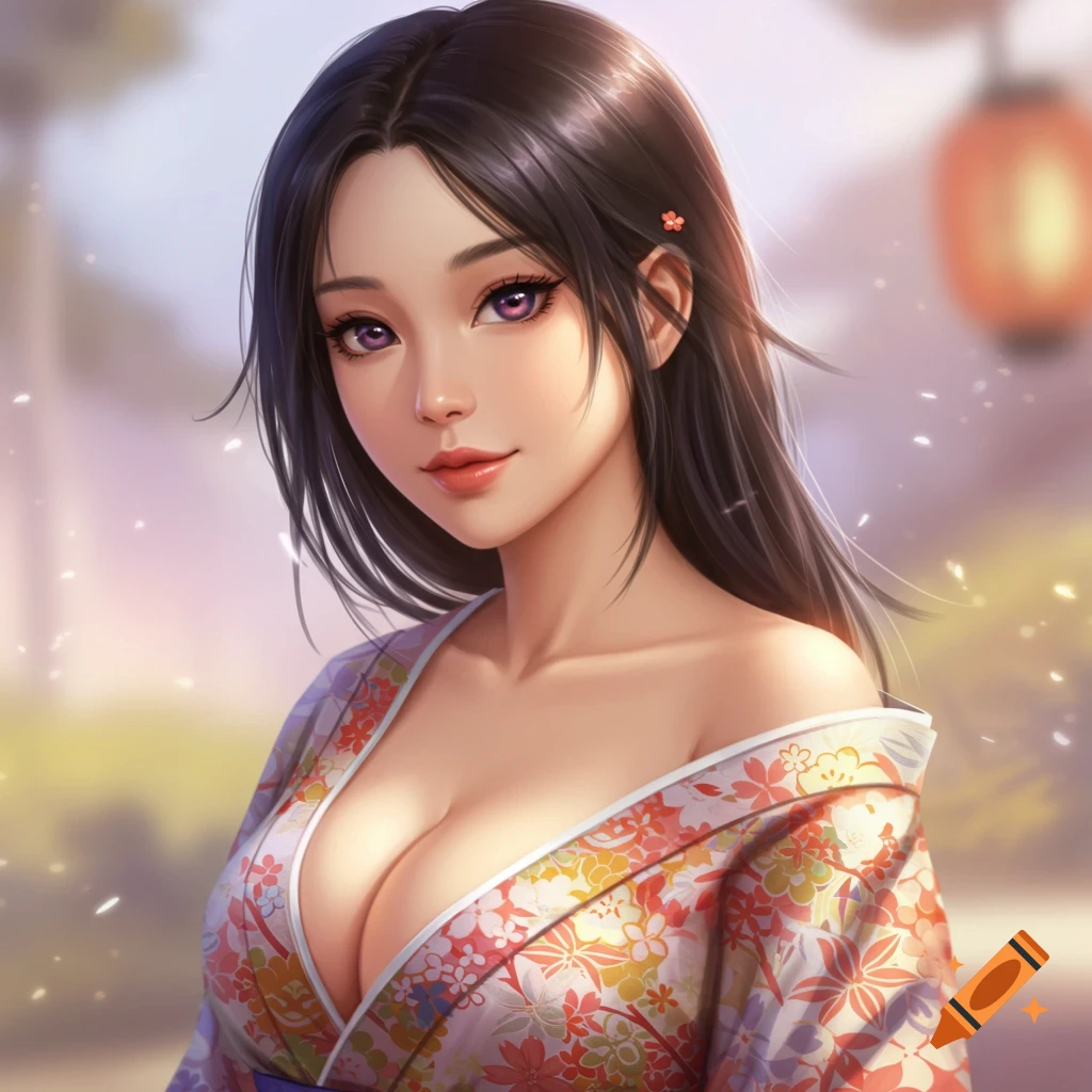A Japanese woman in a floral kimono is looking at the camera