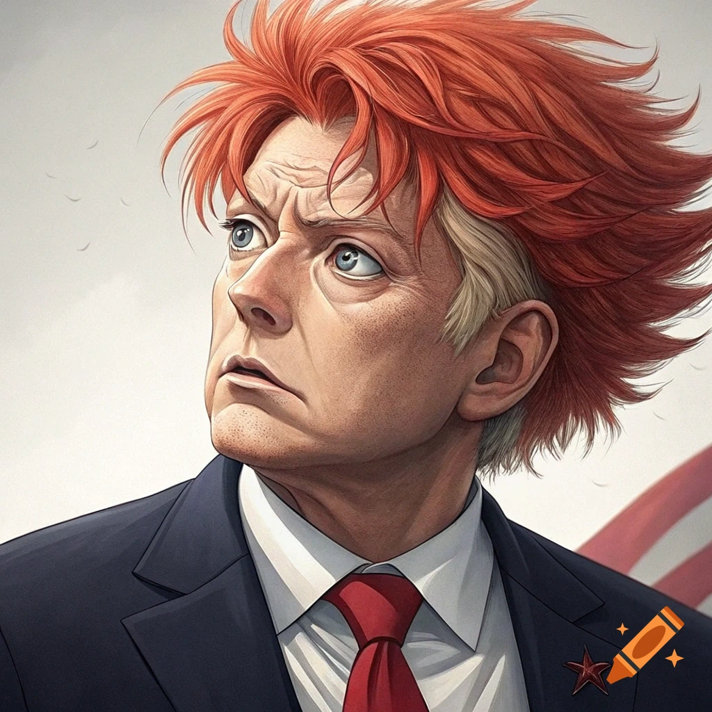 Anime style portrait of a person resembling Donald Trump with spiky red hair, wearing a suit.