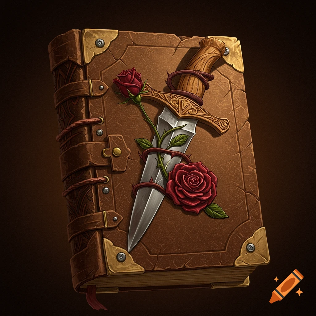 A worn leather book with a dagger and roses.