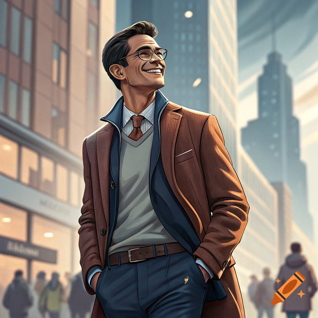 A man in a brown coat and suit walks down a city street, smiling.