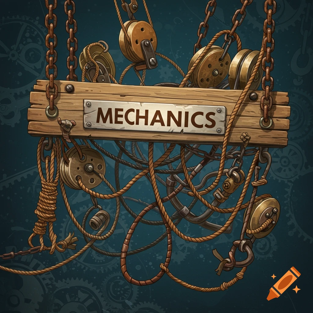 A wooden sign with 'MECHANICS' hanging from chains and ropes, with pulleys and gears.