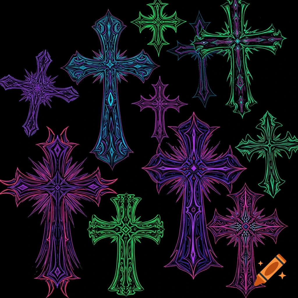 Multiple colorful crosses are on a black background.