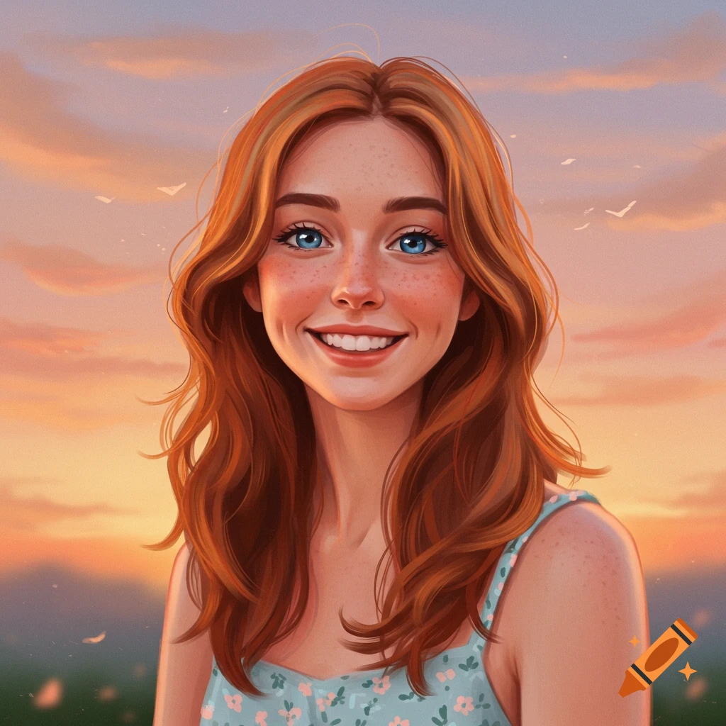 A young woman with red hair, blue eyes, and freckles is smiling against a sunset sky.