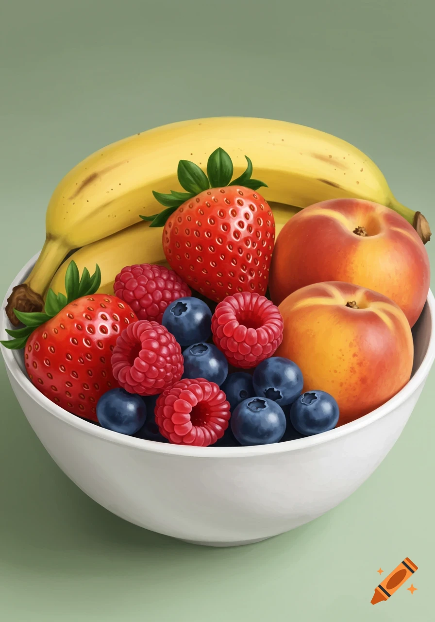 A white bowl filled with strawberries, bananas, raspberries, blueberries, and peaches.