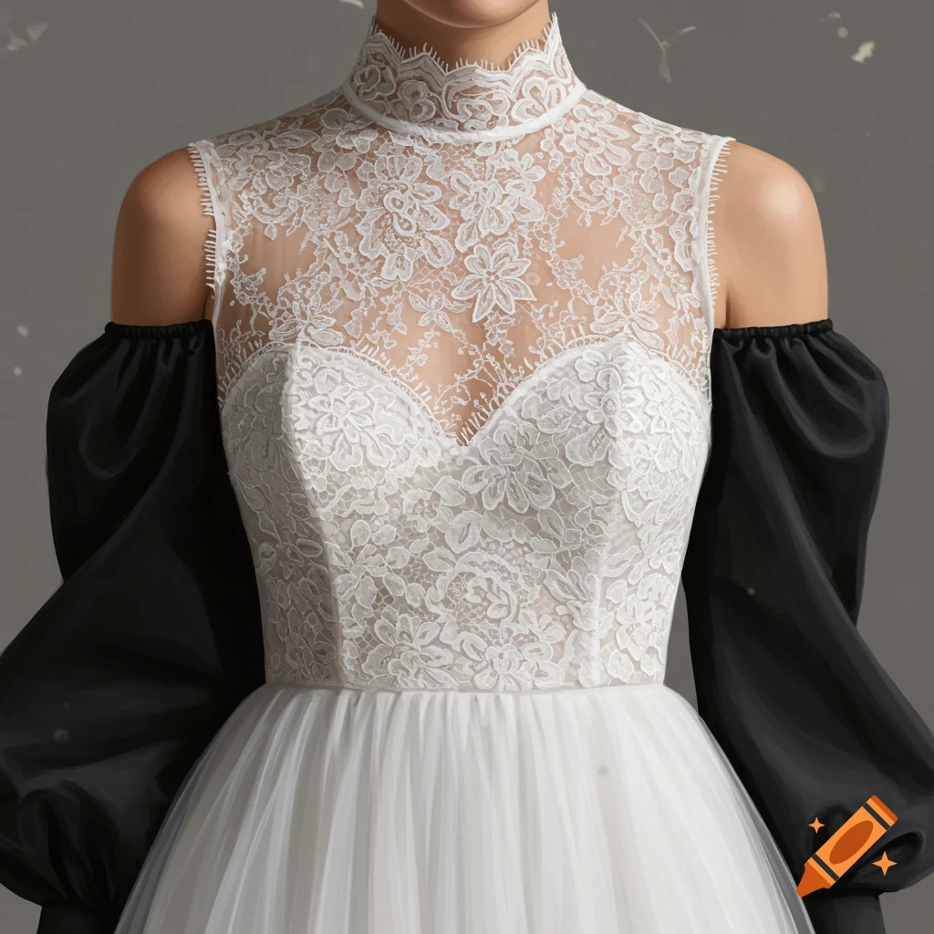 White lace and tulle dress with black balloon sleeves.
