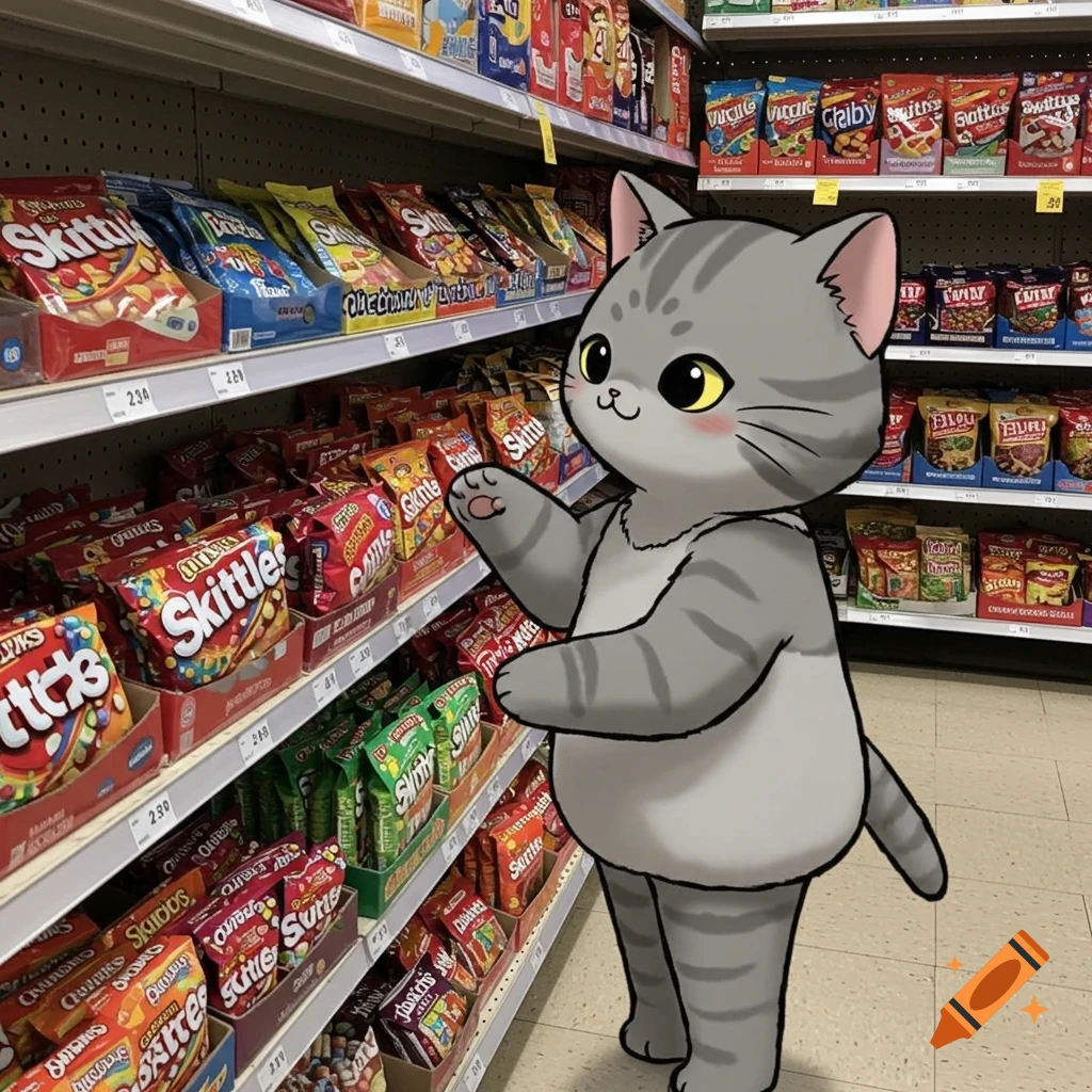 A cartoon gray cat stands in a grocery store aisle with shelves full of candy and snacks.