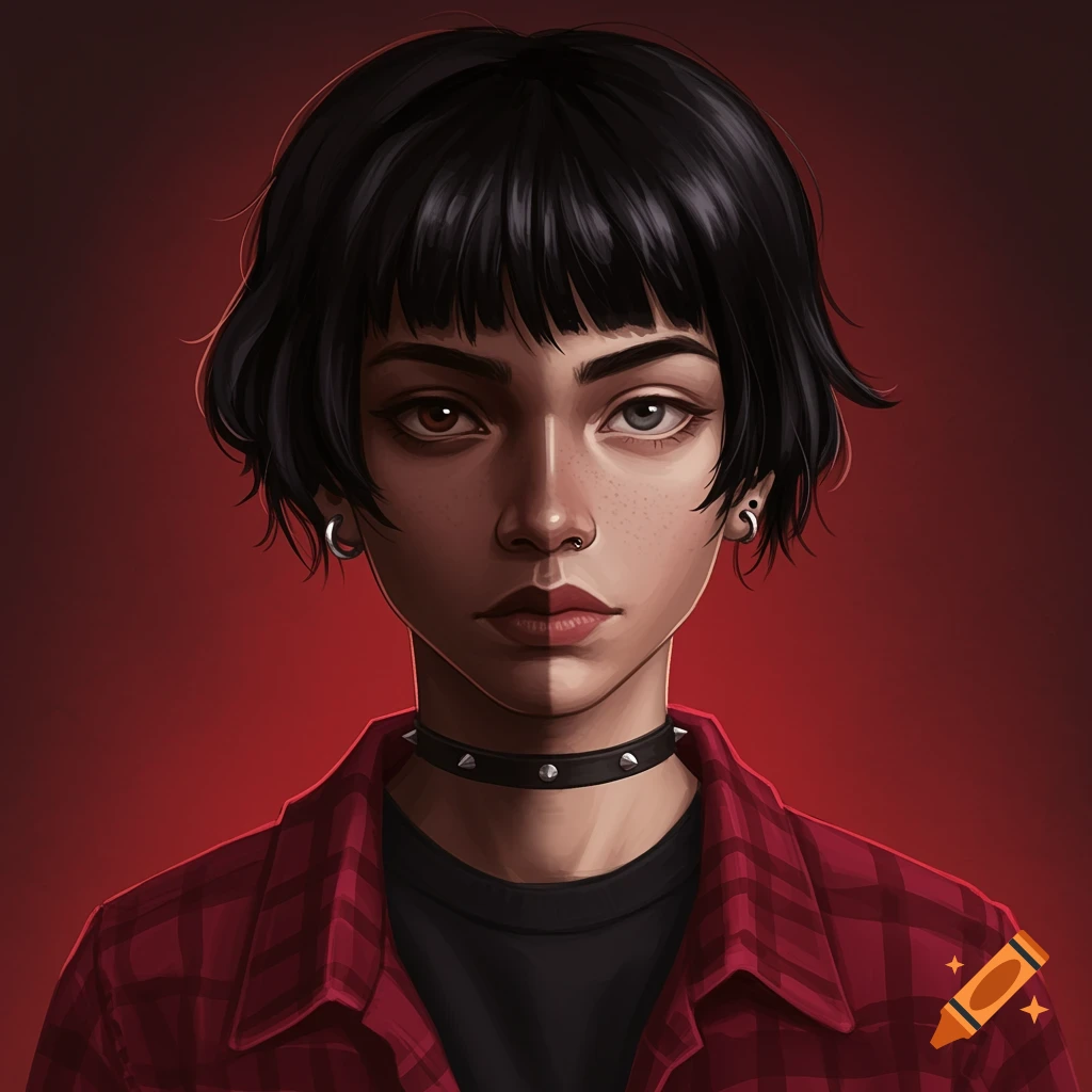 Portrait of a person with a split-tone face, black hair, piercings, red flannel, and studded collar.