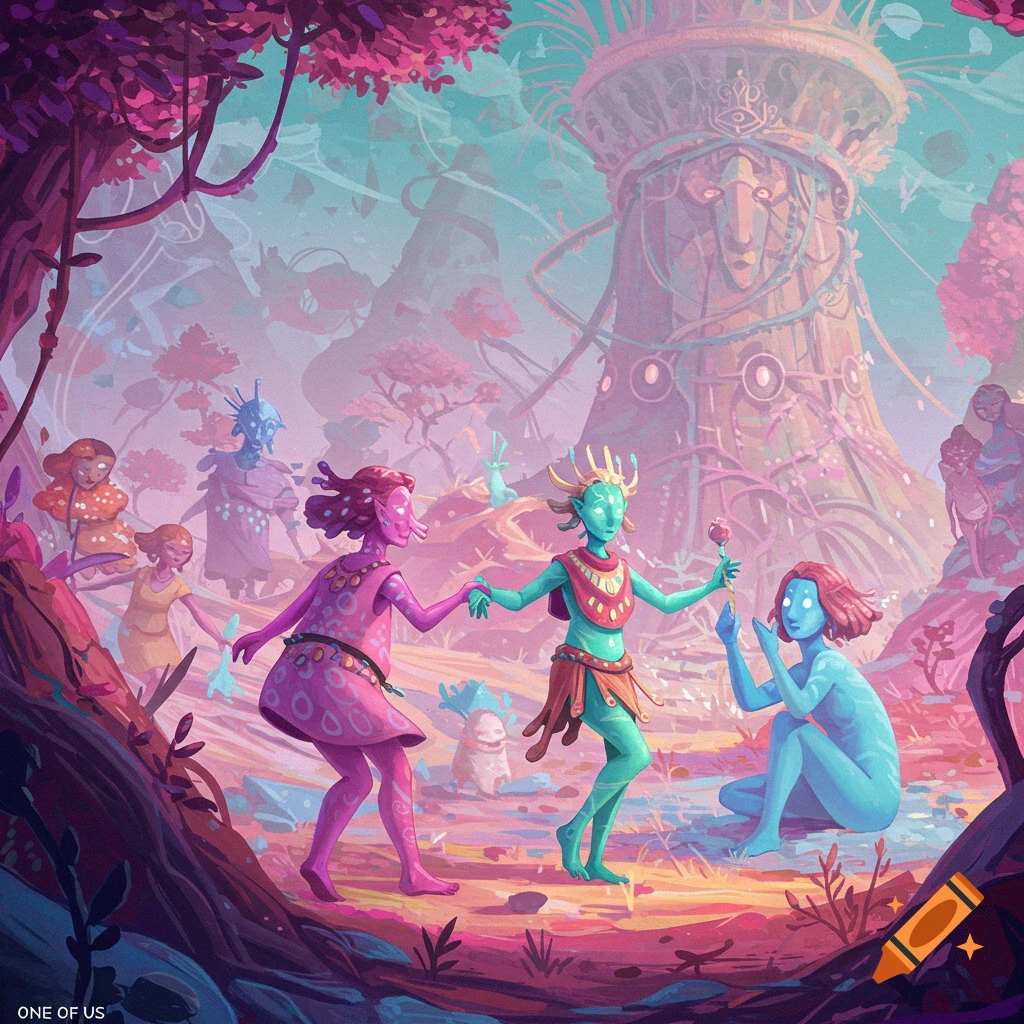 Brightly colored fantasy characters dance and interact in a surreal, vibrant landscape around a large decorated tree structure. Text reads 'ONE OF US'.