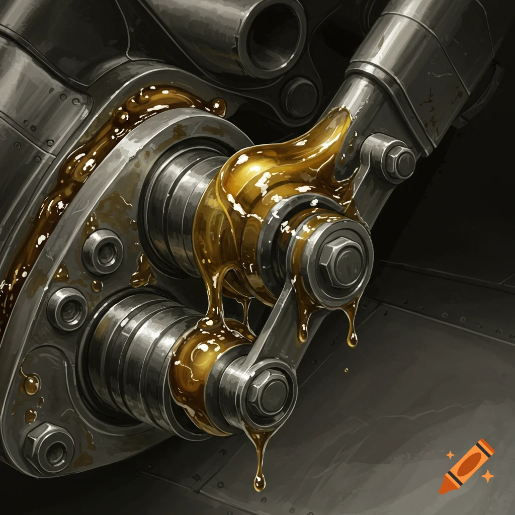 Close-up of machinery joints with excessive yellow lubricant dripping