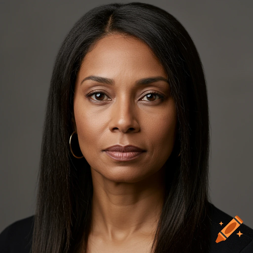 A close-up studio portrait of a woman with long dark hair and a gold hoop earring.