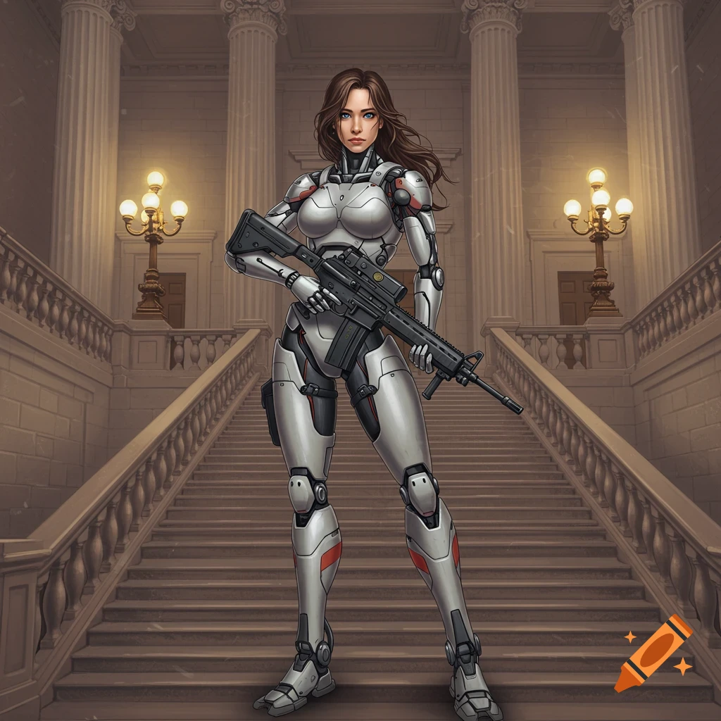 A female cyborg holding a rifle on marble steps inside a grand building with columns.