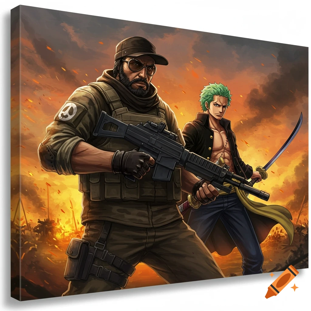 A soldier with a gun and an anime swordsman with green hair against a fiery background