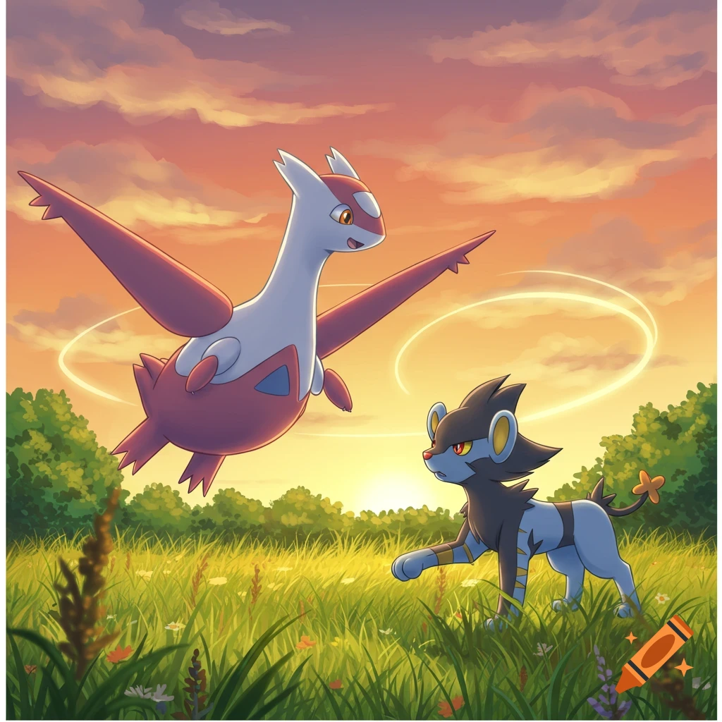 Illustrative image of Latias flying above Luxray in a grassy field at sunset.
