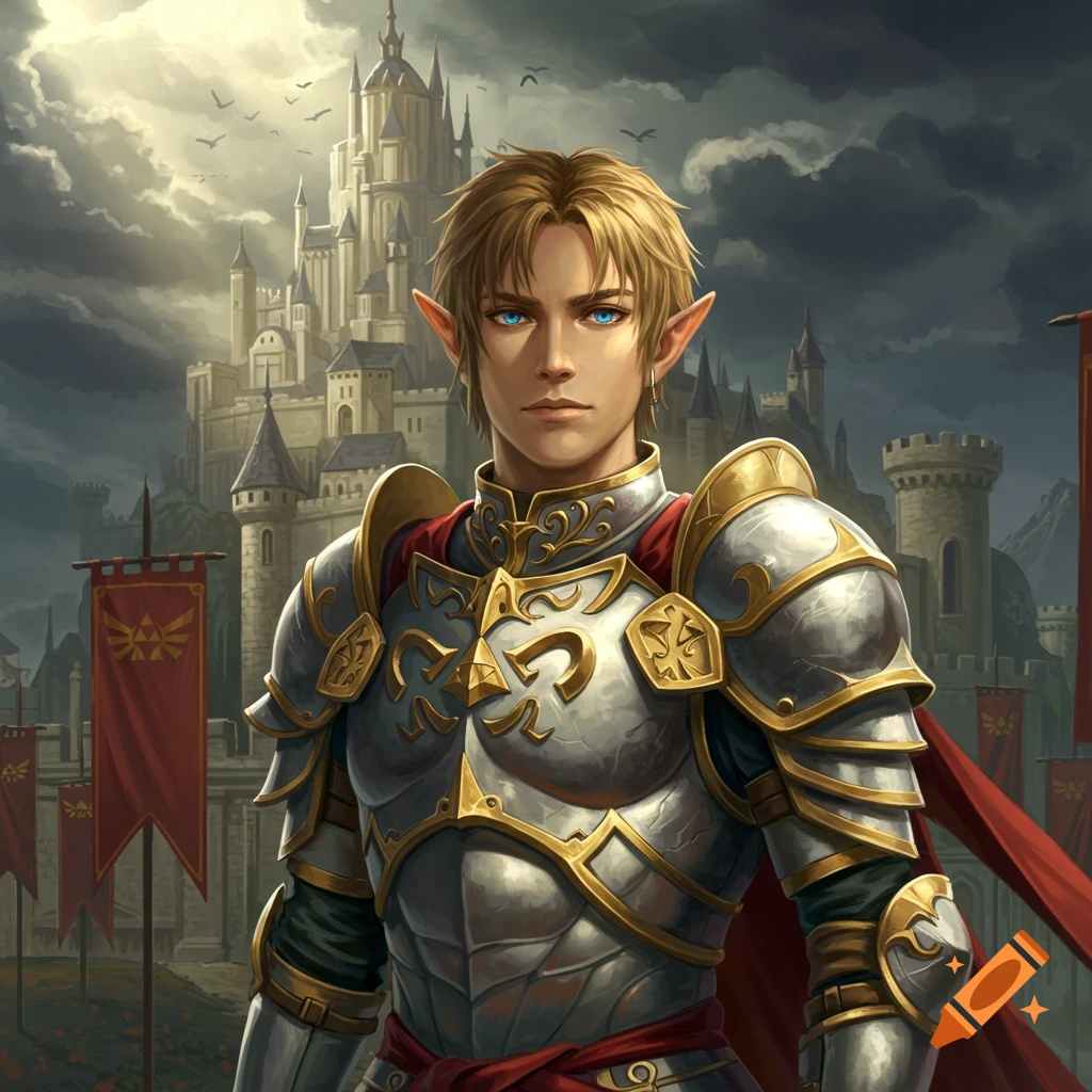 A male elf knight in armor stands before a castle with red banners.
