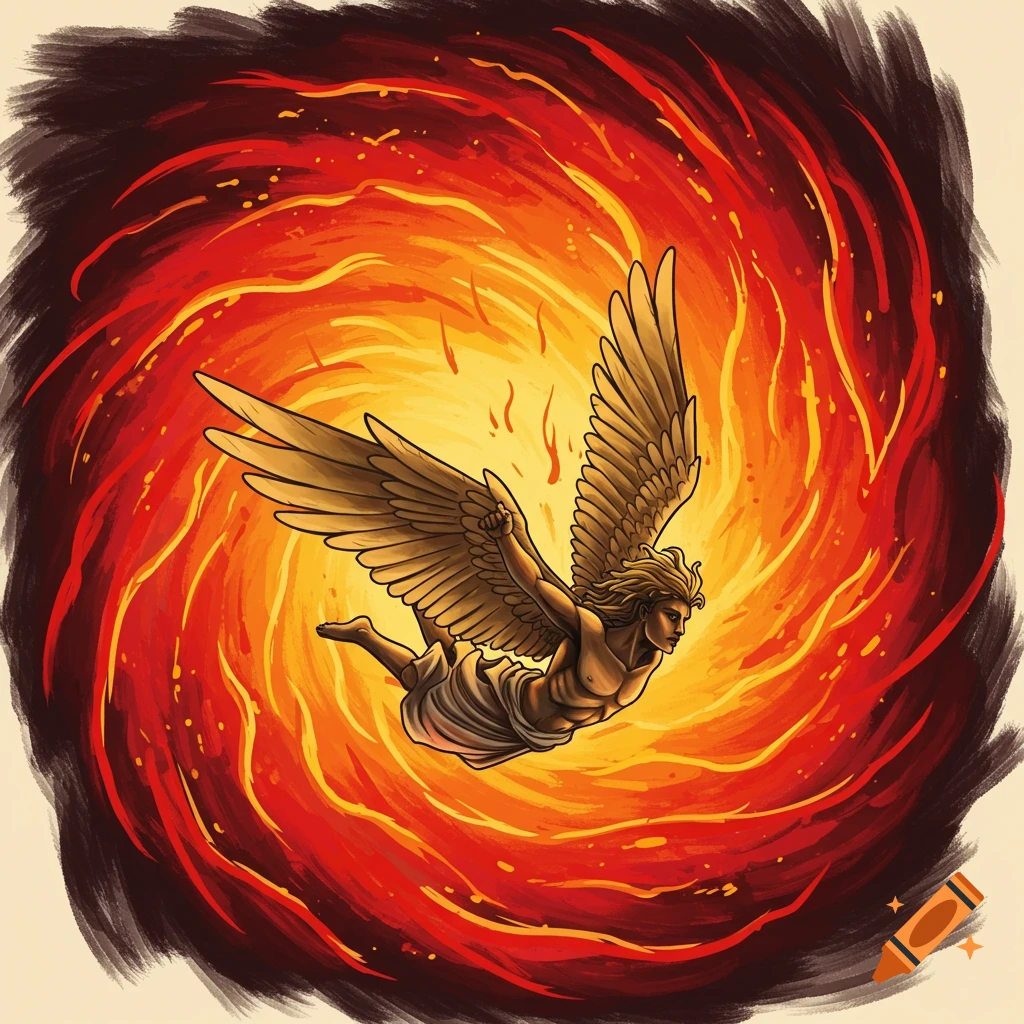 A winged person falls through a swirling vortex of red and orange fire.