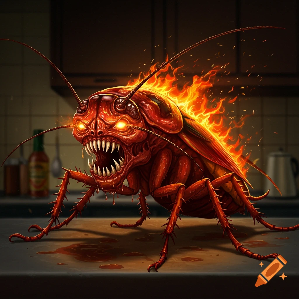 A monstrous fiery cockroach creature stands on a counter.