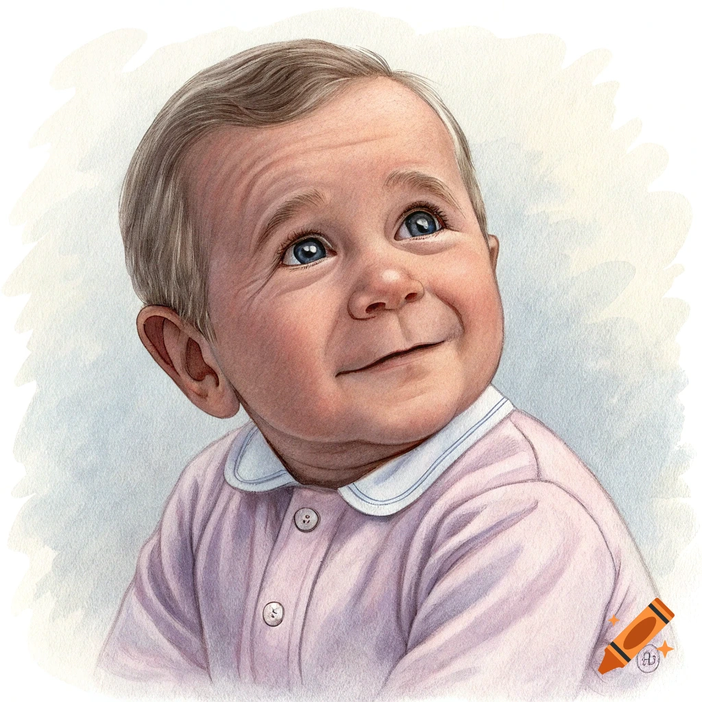 Watercolor portrait of a smiling baby looking up