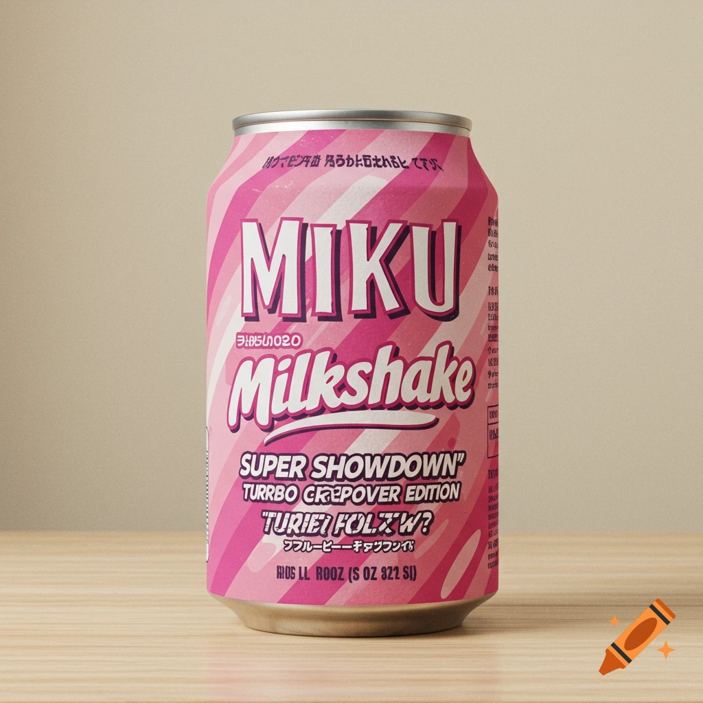 A pink and white soda can labeled "Miku Milkshake" sits on a light wooden surface against a beige background.