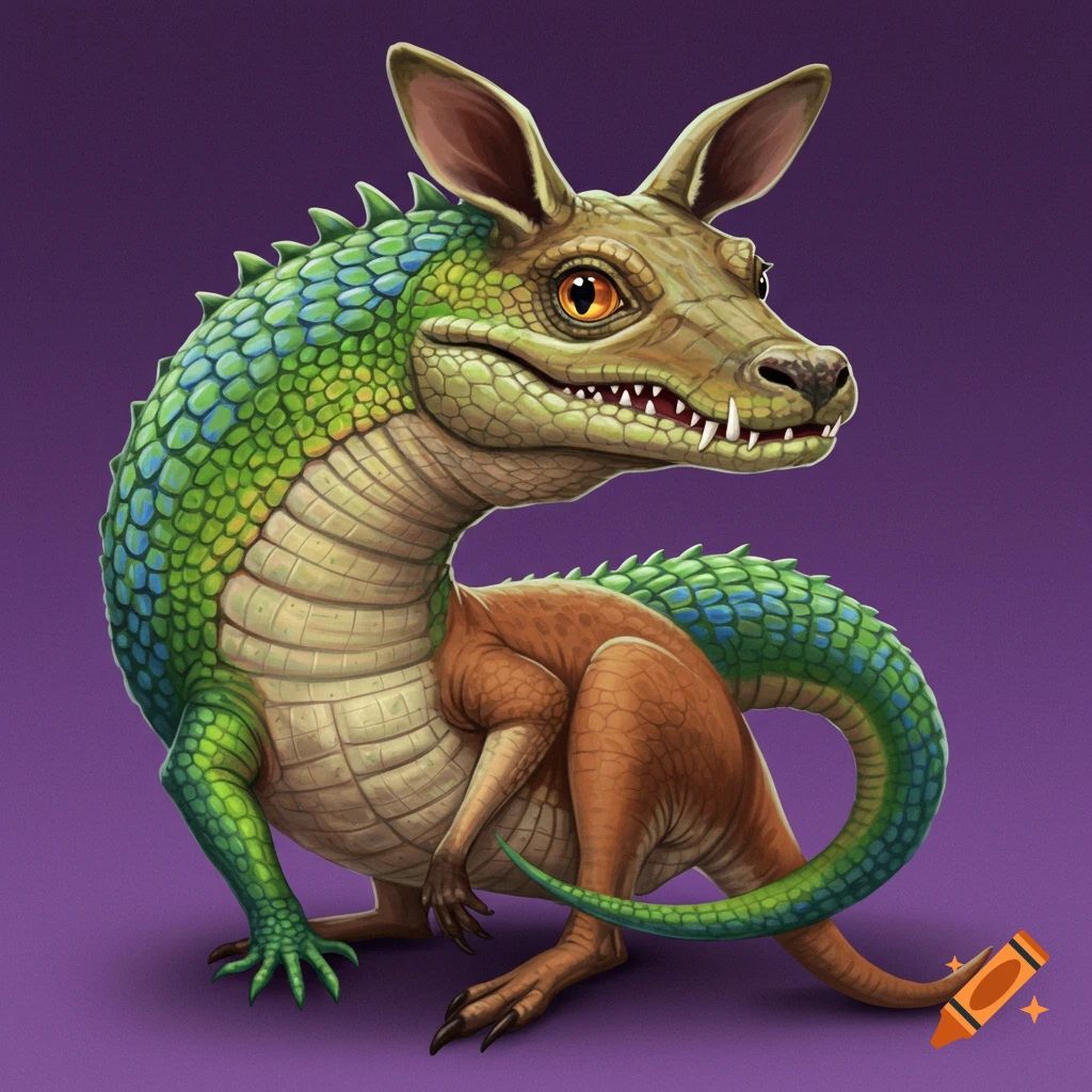 Green lizard body with brown kangaroo legs and an alligator head with kangaroo ears on a purple background.