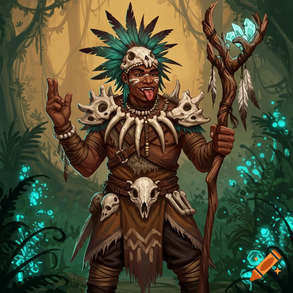 A tribal shaman wearing bone armor and holding a staff stands in a jungle, sticking out his tongue.