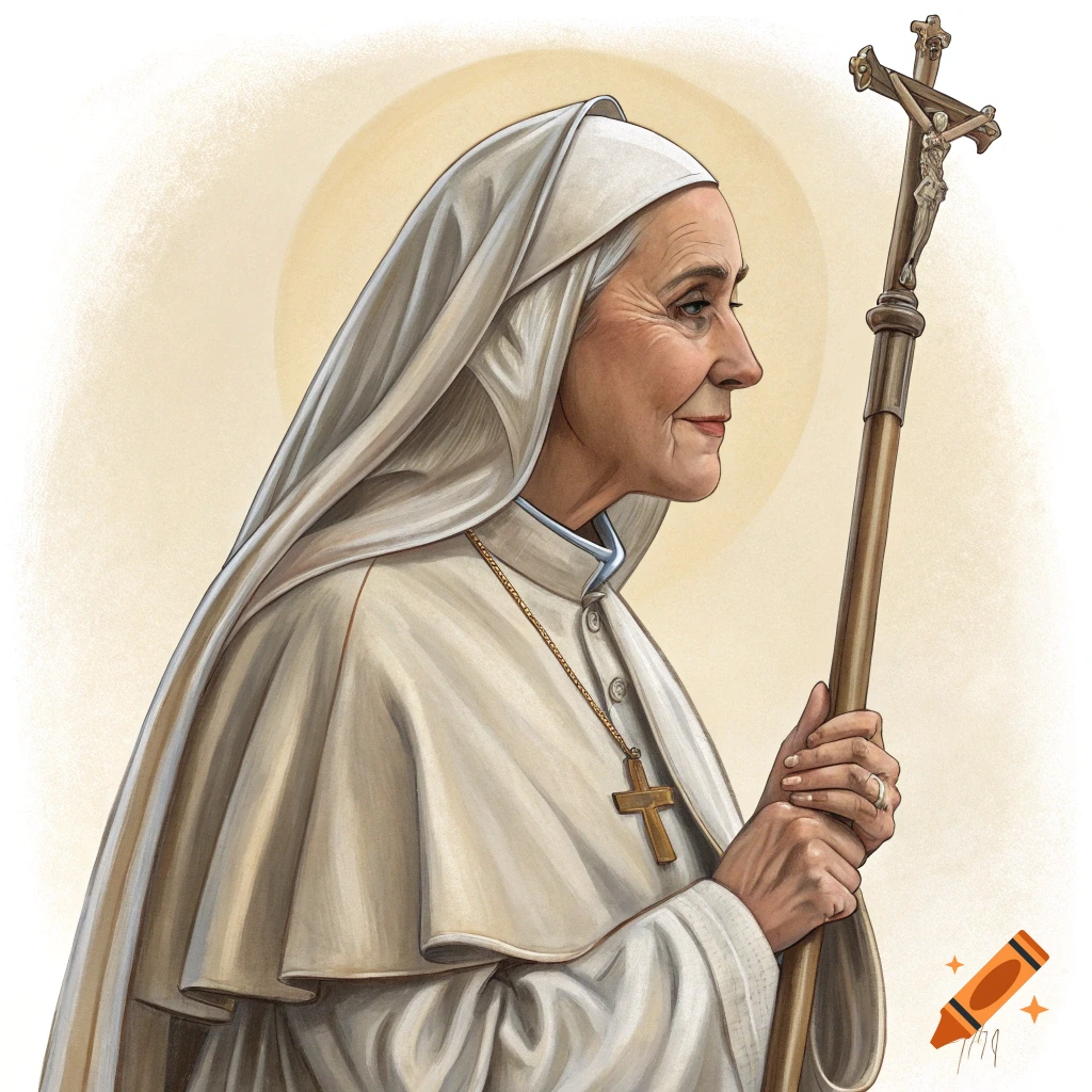 Illustration of a woman in religious robes holding a crucifix staff