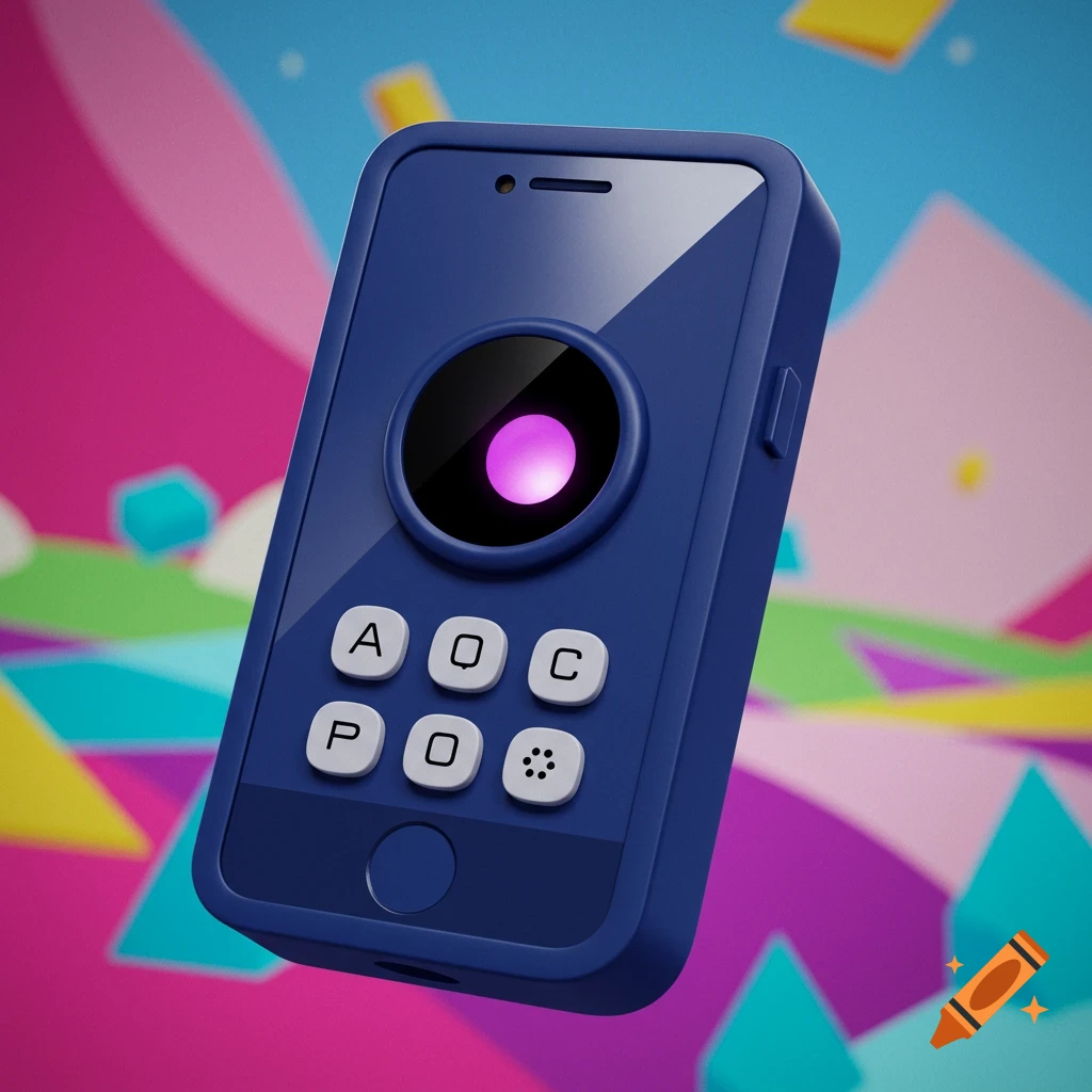 A stylized blue smartphone character with large camera eye and buttons on a colorful abstract background.