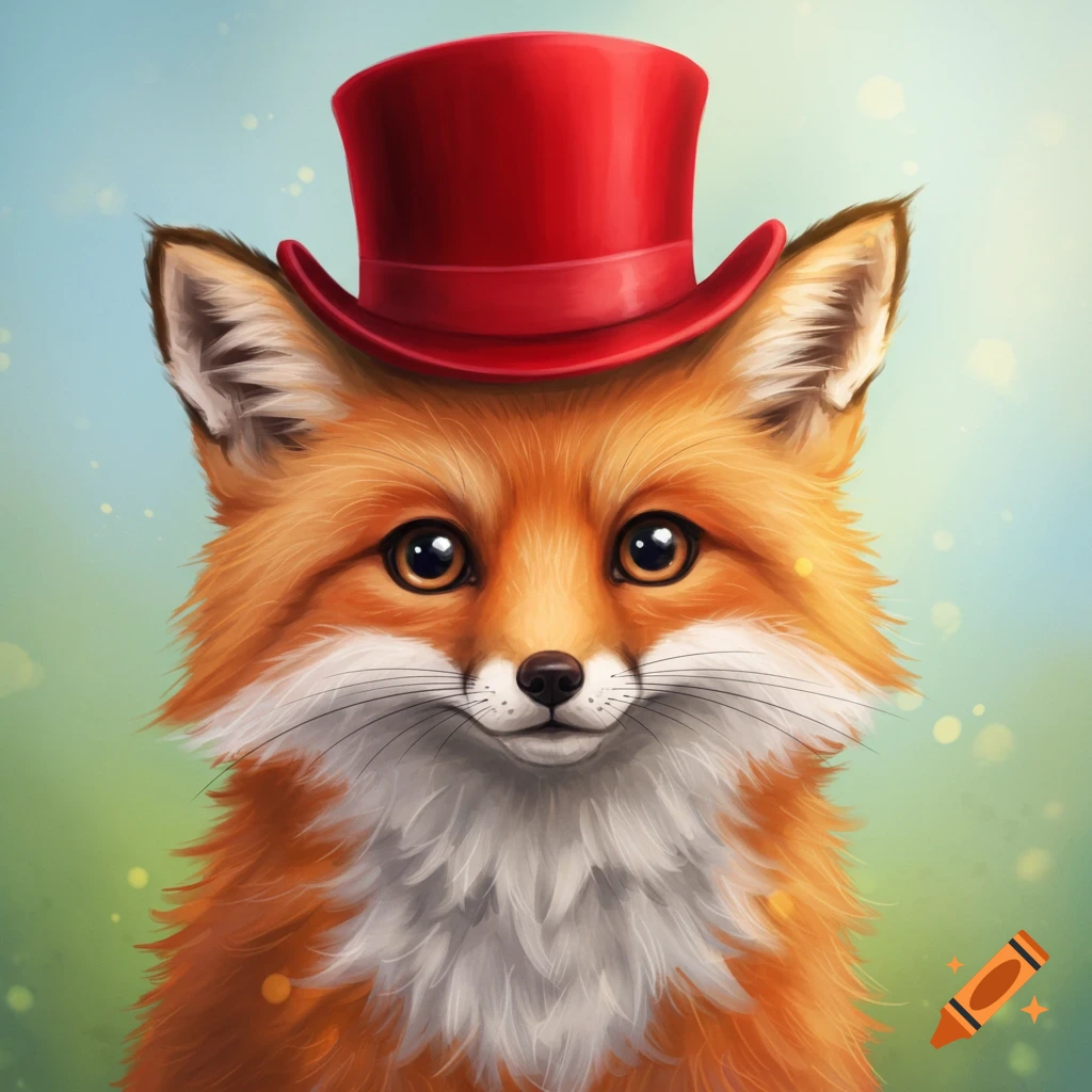 A cute fox wearing a red top hat.